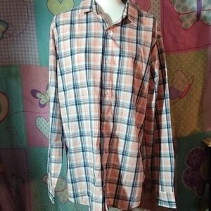 NWT Fairlane & Sons Stitch Fix Mens Large Button-Up Peach/Navy Plaid Dress Shirt